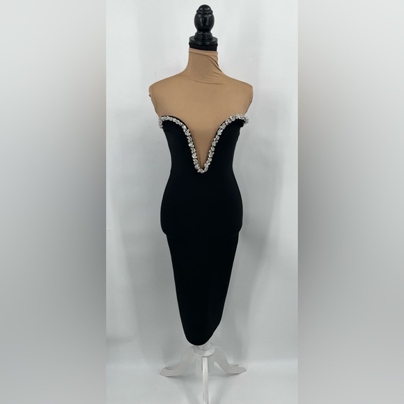 Black rhinestone strapless plunge bandage midi dress XS glam night out birthday - Picture 2 of 16